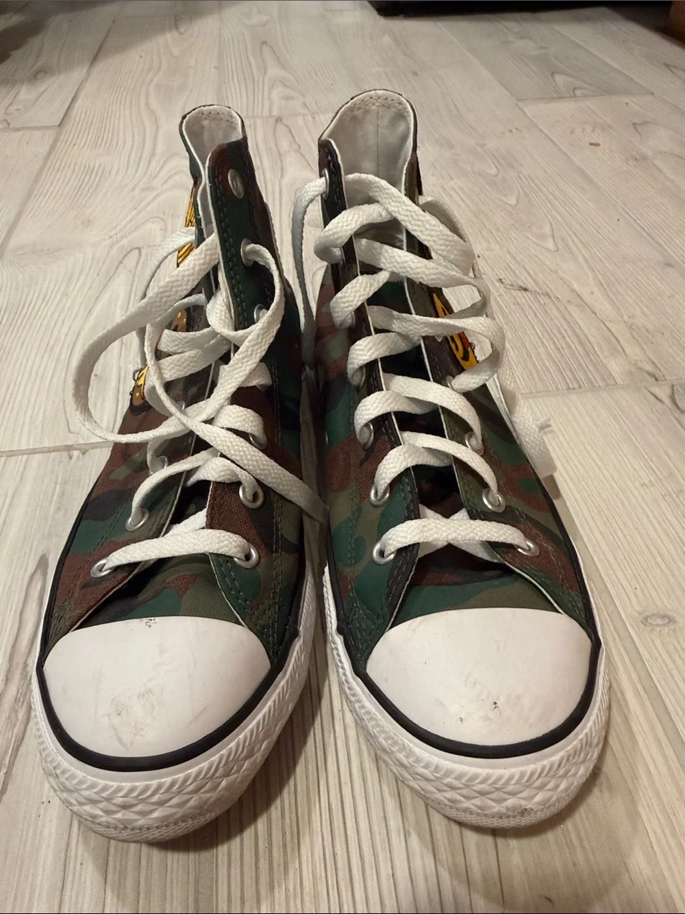 Converse High Top Sneakers - Camo Green with White Laces and Orange Patch